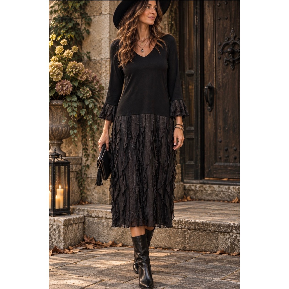 Slinky Brand Ruffle Witchy Midi Dress Sz M Whimsigoth Fairy Grunge VTG Y2K
